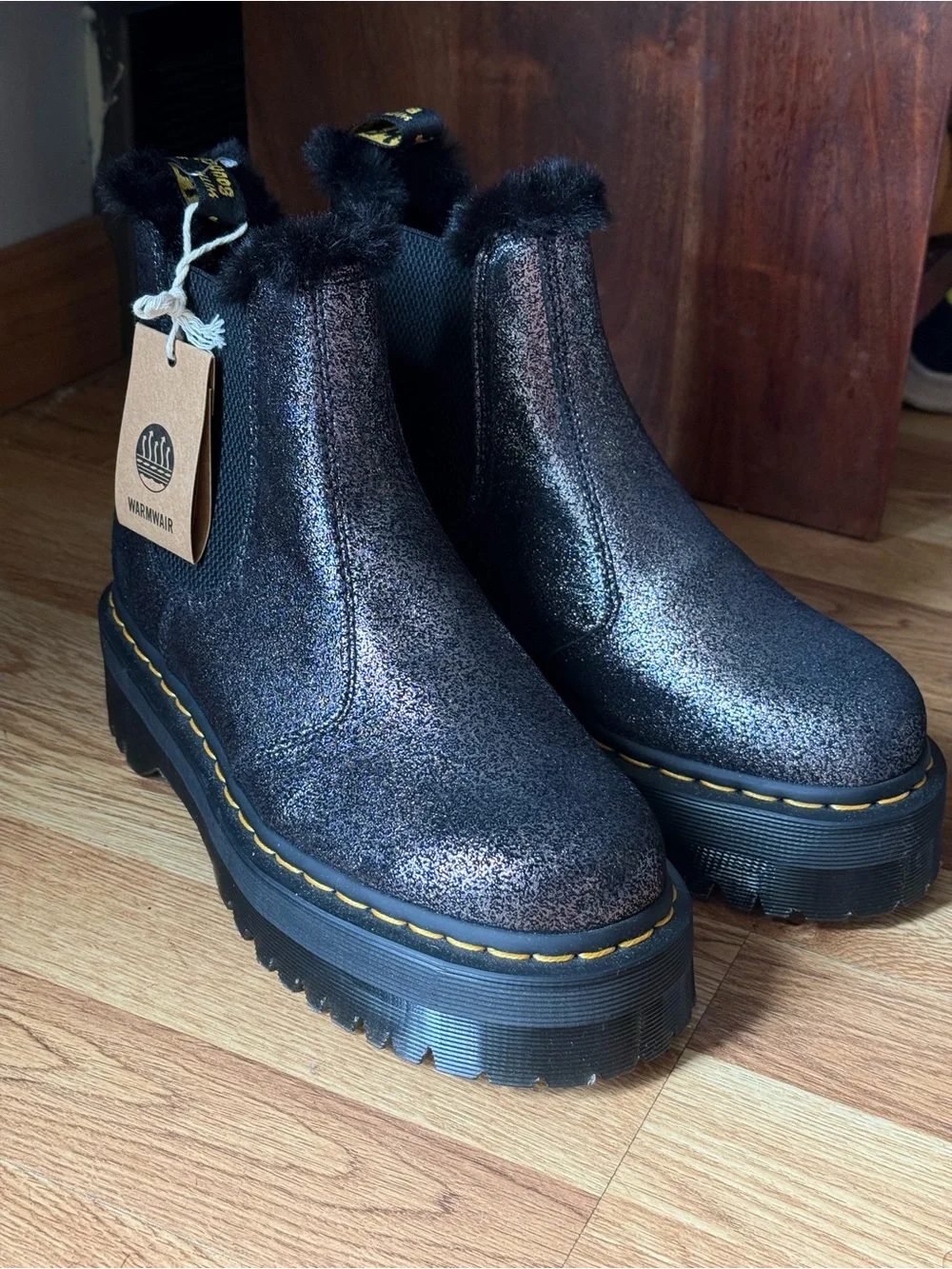 Dr. Martens Women's Black Metallic Chelsea Ankle Boots with Fur Trim